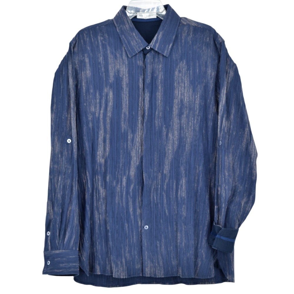 Ross Graison Men's XL Deep Blue Tan Abstract Ikat Textured Roll Tab Sport Shirt